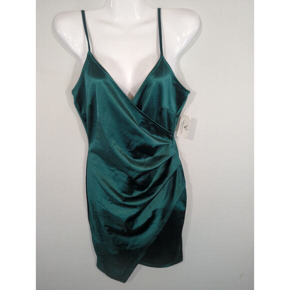 Windsor Hunter Green Satin Bodycon Faux Wrap Mini Dress Medium NWT Party Holiday - Picture 2 of 8
